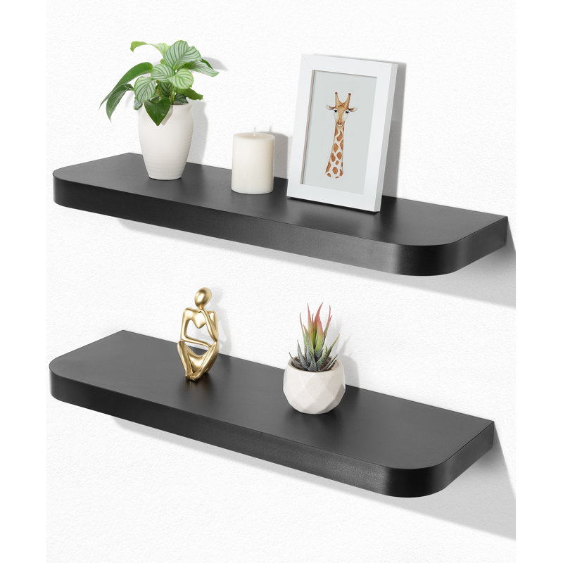 Black Floating Wall Shelves, Set Of 2, Modern Wood Storage For Home
