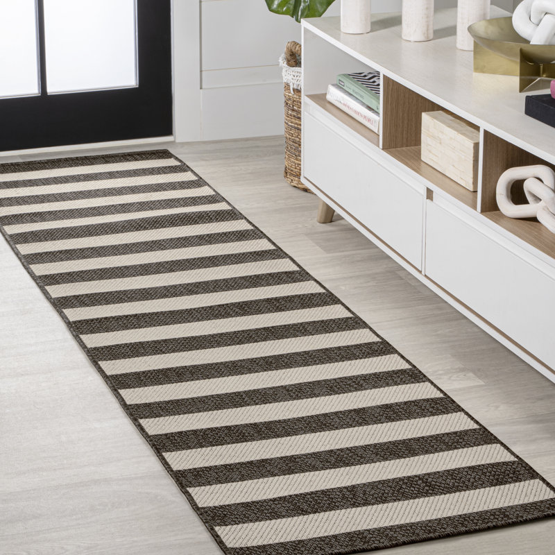 Hedya Two-Tone Wide Stripe Black/Beige Indoor/Outdoor Rug, Runner 2' x 8'