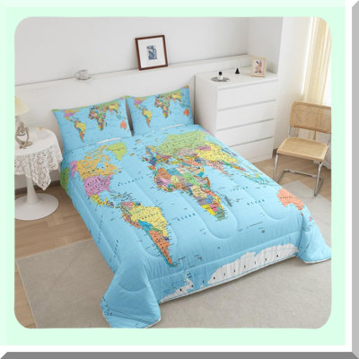 Geography Bliss Comforter Set - Queen Size 3D World Map Bedding with Blue Ocean Design, Europe Asia Africa Theme, All Season Down Comforter for Multicolored Bedroom Decor