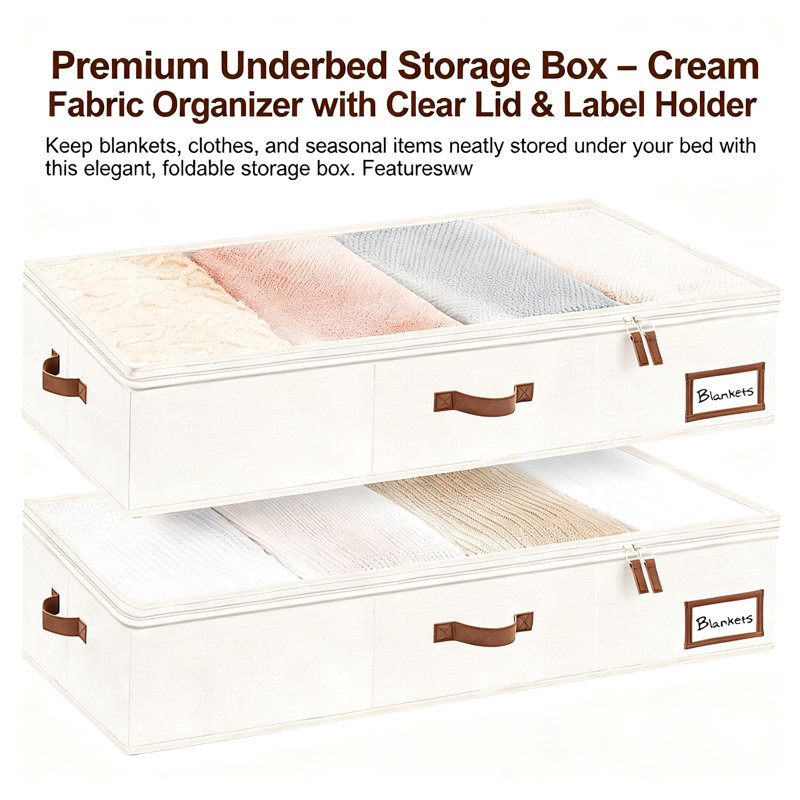 Très grands contenants de rangement sous le lit avec poignées et porte-étiquette, paquet de 2 (beige), Beige