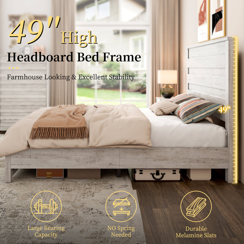 Distressed White Full Farmhouse Wood and Metal Bed Frame with Slats