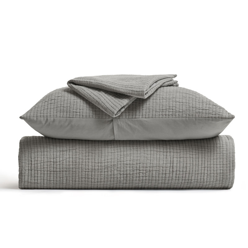 Solid Cotton Gauze Pick-stitch Matelesse Coverlet Bedspread set, Queen Quilt + 2 Queen Shams, Fog Gray