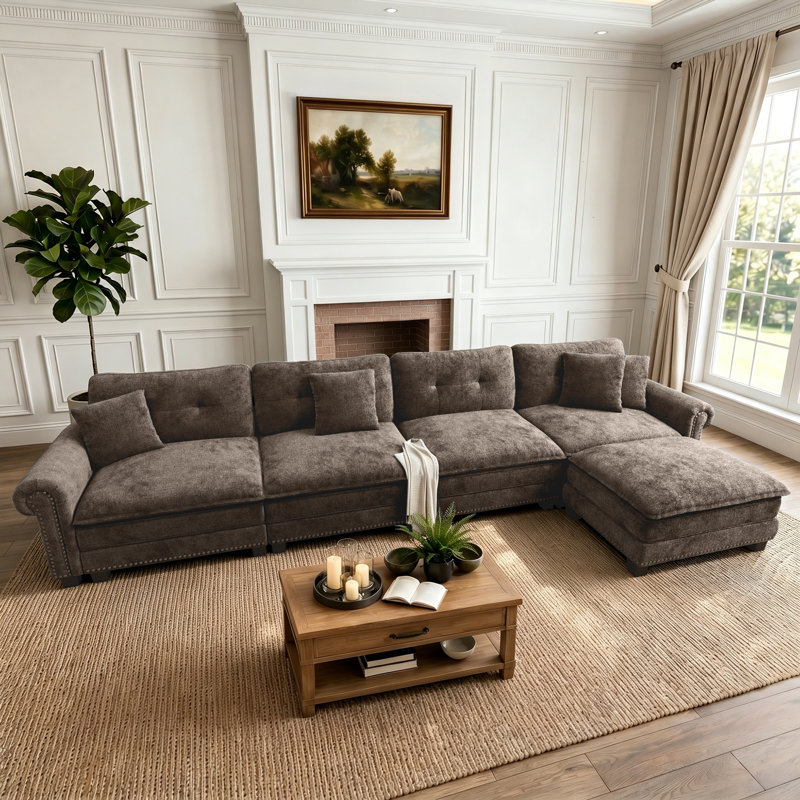 158" Modular Sectional Sofa with Ottoman, Oversized L-Shaped Deep Seat Couch in Chenille or Linen-Look with Nailhead Trim