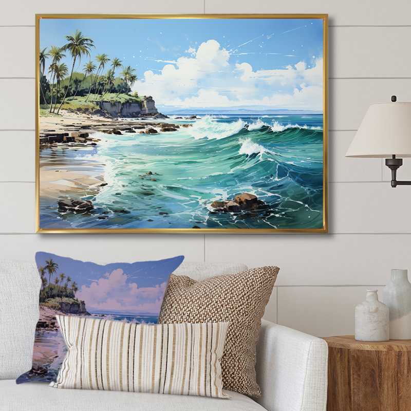 Reproduction sur toile d'un palmier turquoise sur fond tropical, H 34 po x l 44 po x P 1,5 po, Cadre flottant doré