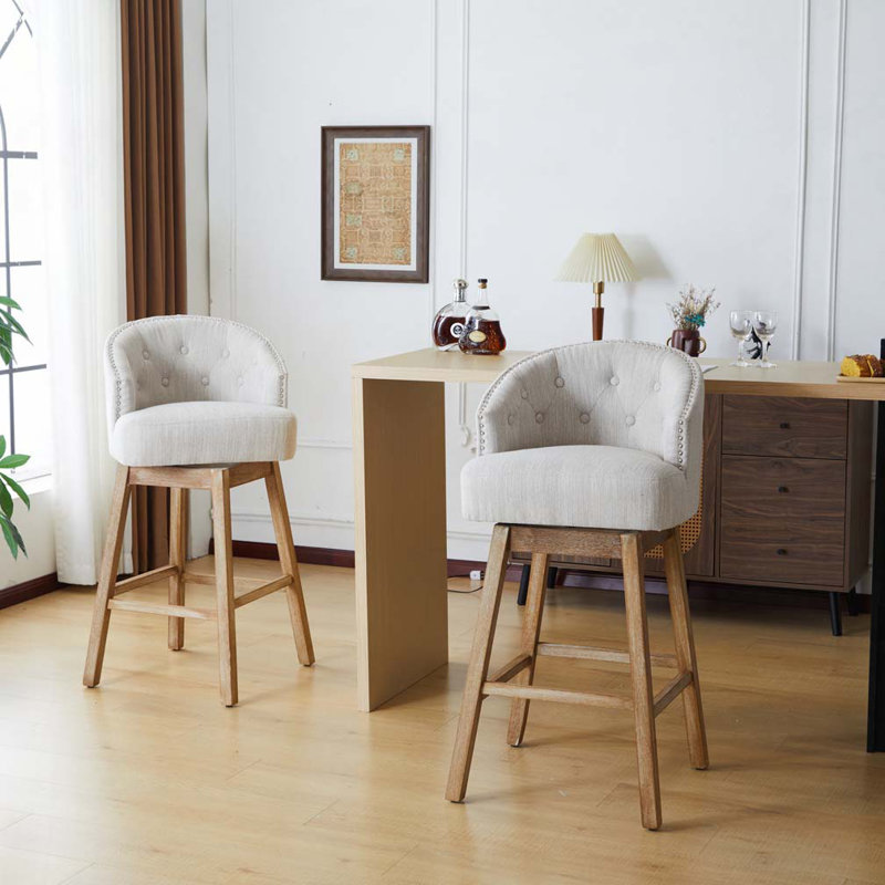 Tabourets de comptoir pivotants 33,25 po avec structure en bois d'hévéa massif, Beige