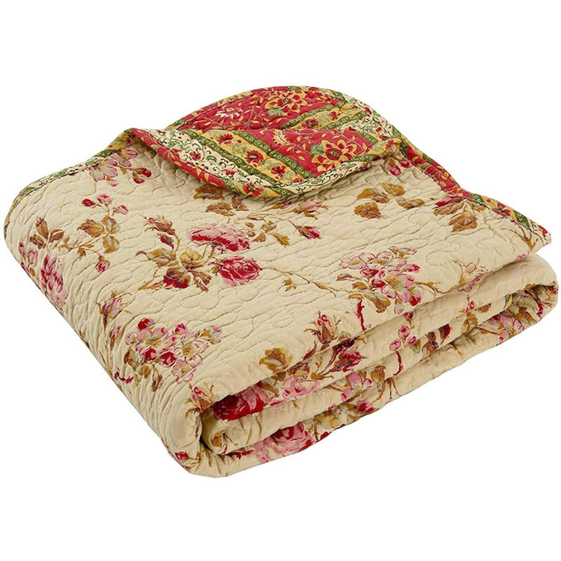 Floral Beige and Red Cotton Reversible Throw Blanket