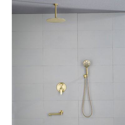Système de douche de baignoire de plafond de 12 pouces avec douche à main à poignée simple Ensemble de garniture de douche multifonctionnelle en laiton avec valve brute