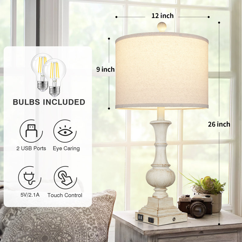 Levis 26" Farmhouse Table Lamps with USB, Type-C & Touch Control, Off White