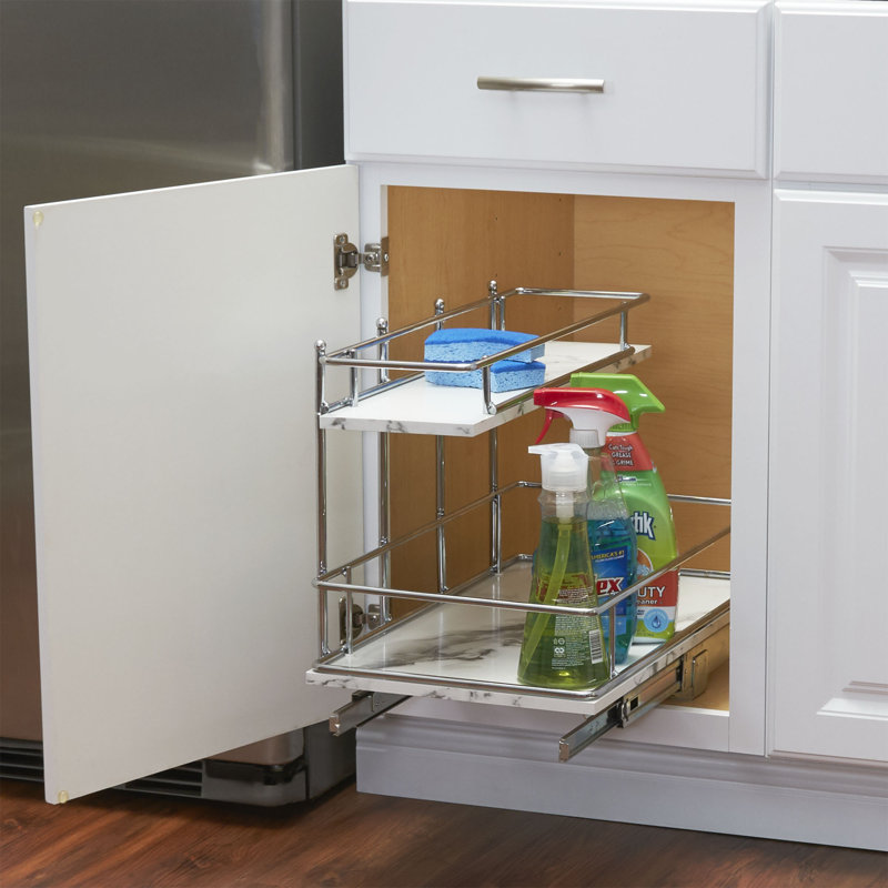 Organisateur de rangement coulissant / escamotable en acier chromé et faux marbre élisandra Glidez pour sous-évier ou armoire - conception à 2 niveaux - Convient à une armoire ou une tablette de taille standard