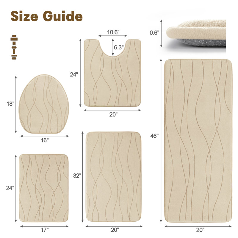 5 Piece Plush Memory Foam Bath Rug Set with Non-Slip Backing and High Absorbency, Cream