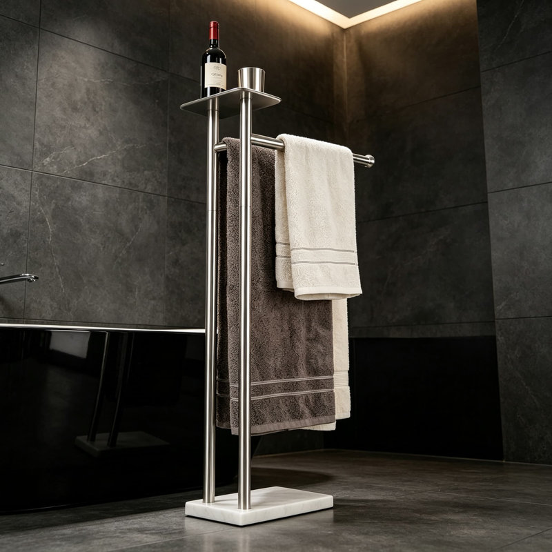 Porte-serviettes autoportant avec tablette de rangement - Support de serviette de salle de bain résistant à la rouille pour serviettes, vêtements et articles essentiels - Assemblage facile sans perçage requis