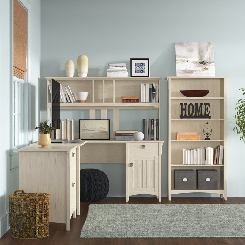 Ozro L-Shape Credenza Desk with Hutch, Antique White