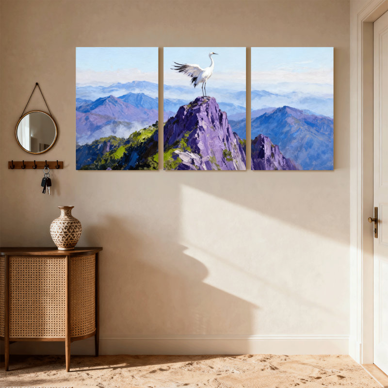 «Birds Mountain Peak Crane Sky Reflection Landscape», ensemble de 3 impressions sur toile, H 30 po x l 60 po