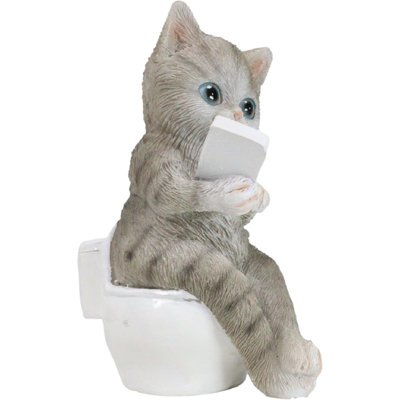 Shorthair Grey Cat Kitten Bookworm With Book Sitting On Toilet Potty Figurine