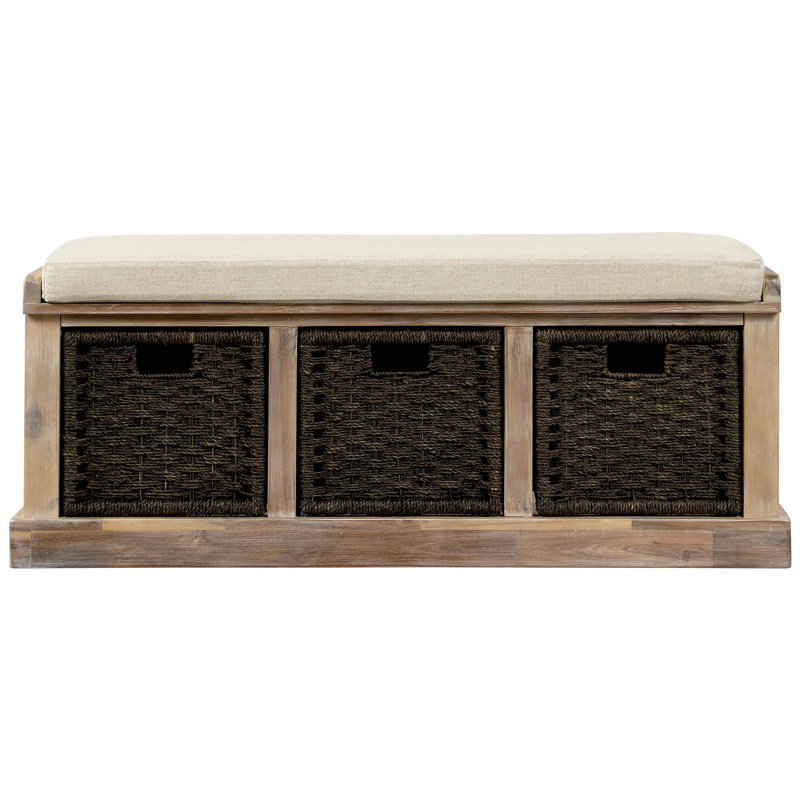 Rustic Storage Bench With 3 Removable Classic Rattan Basket , Entryway Bench With Removable Cushion, White Washed