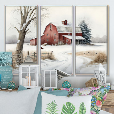 Calm Red Barn In Winter III - 3 pièces sur toile