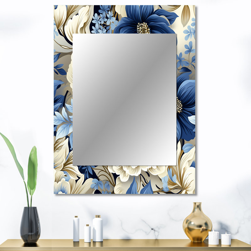 «Antre Coastal Blues White Flowers Blooms», grand miroir floral, miroir mural décoratif floral, impression d'art en métal