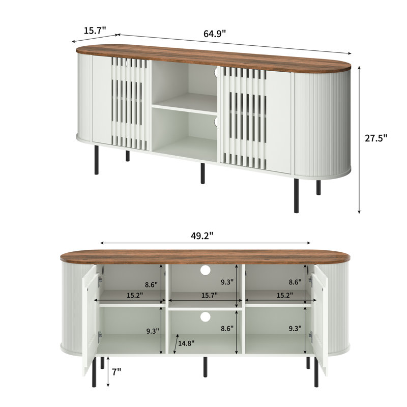 65 Inch TV Stand for TVs Up to 75", Mid Century Modern Entertainment Center TV Console with Adjustable Shelves, Curved Profile Design, Media Console for Living Room, White&Oak