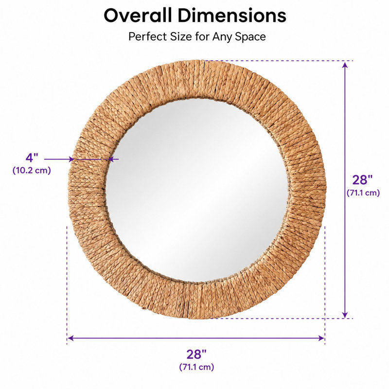 Miroir mural rond en gazon tissé à la main pour chambre à coucher décorative de style campagnard Boho, H 28 po x l 28 po