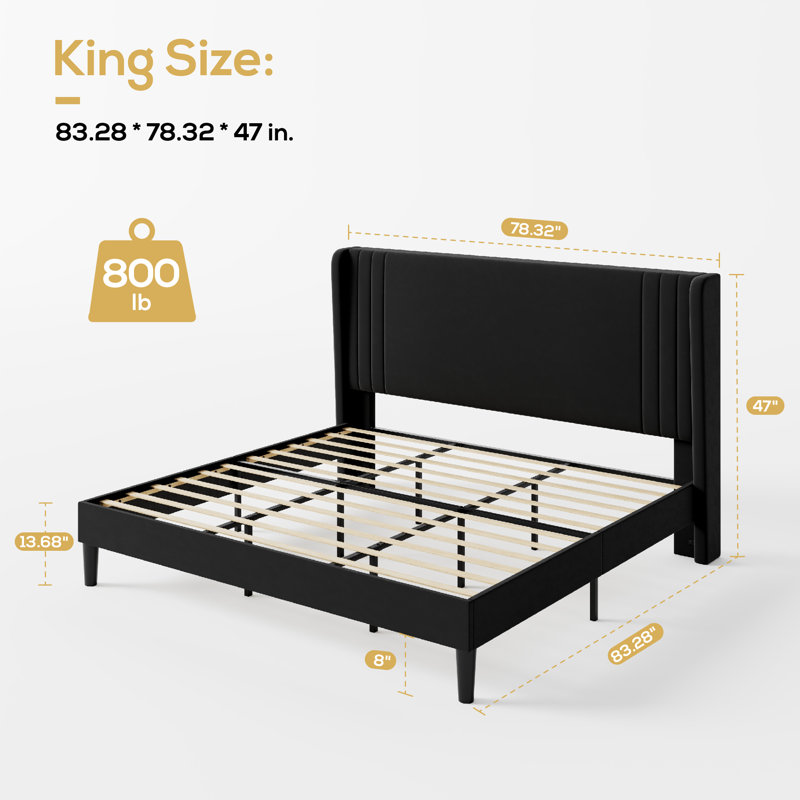 Low-Profile Velvet Upholstered Platform Bed with Wingbacks, Black, King