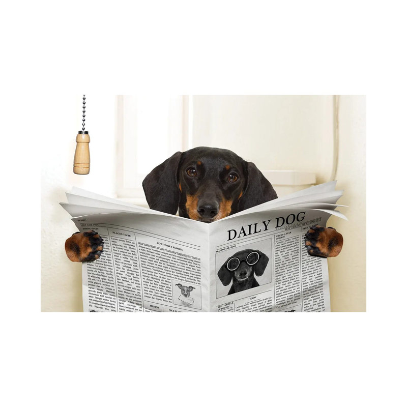 Dog On Toilet Seat Reading Newspaper III - Print on Canvas, Wrapped Canvas, 30.48 cm H x 45.72 cm W