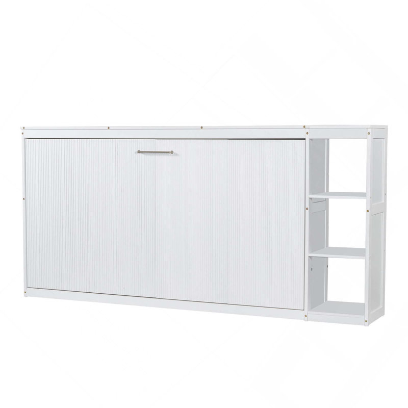 White Twin Murphy Bed with Integrated Bookshelf, Space Saving Wall Cabinet Bed
