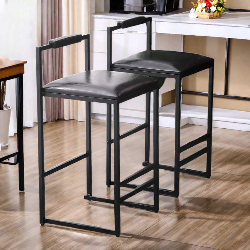 Ensemble de 2 tabourets de bar rembourrés avec dossier et repose-pieds, cuir synthétique et structure en métal