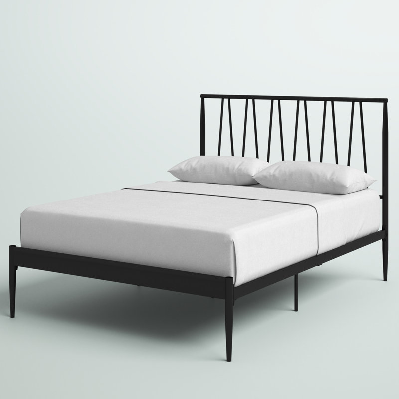 Black Metal Queen Bed Frame with Geometric Headboard