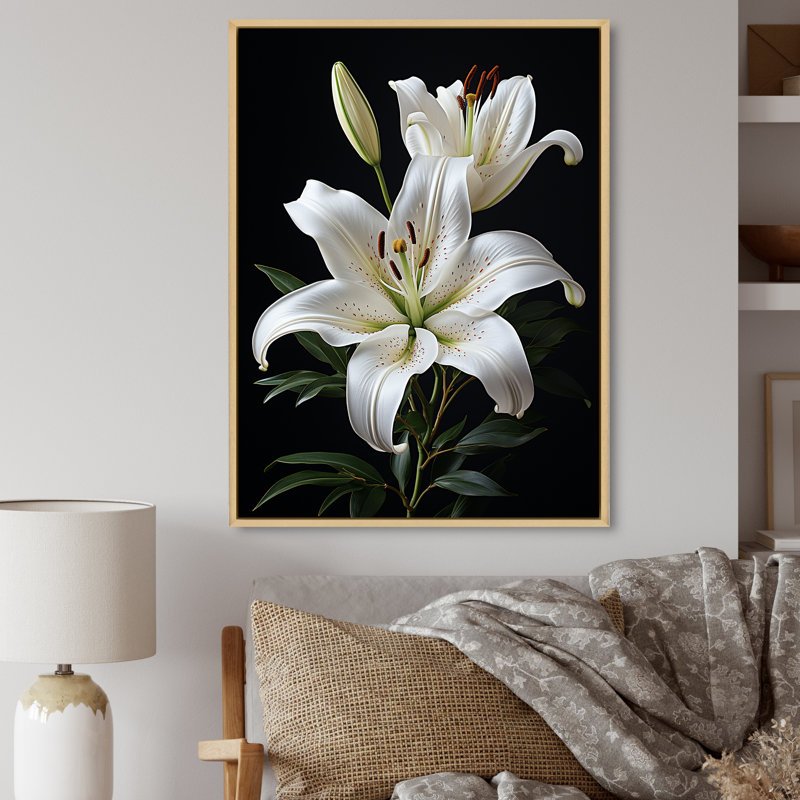 «Black White Lily Exquis II» - lys, impressions sur toile, H 32 po x l 16 po x P 1 po, Cadre flottant en érable