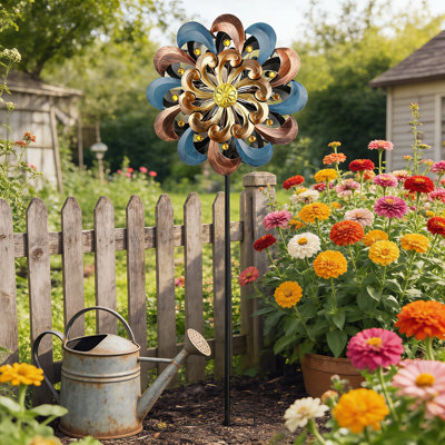 Ornement en bronze et sarcelle multi-couches fleur vent en métal Spake Stake - antistatique cinétique Sculpture de jardin, résistant aux intempéries pour jardin extérieur