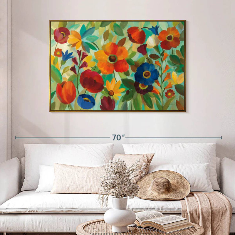 Été floral III, 46 po x 31 po, Cadre flottant doré