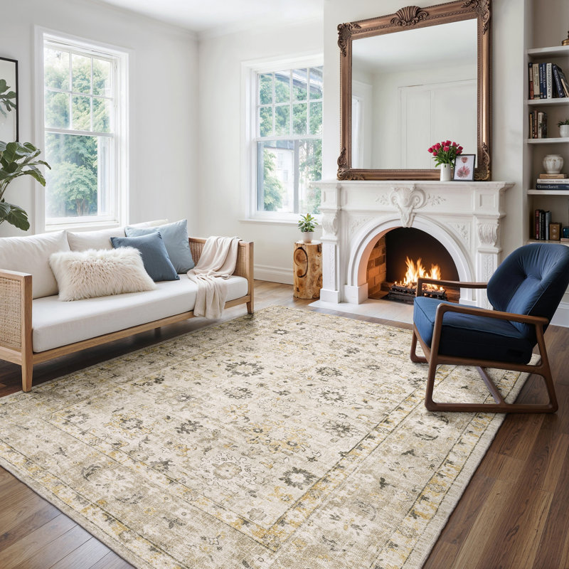 Eiligio Hand-made Wool Oriental Beige/ Gold Area Rug, Rectangle 6' x 9'