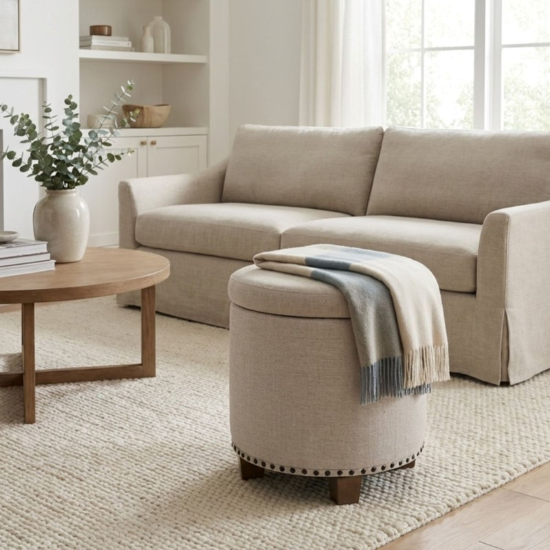 Mayen 19" Wide Round Storage Ottoman, Light Brown Fabric