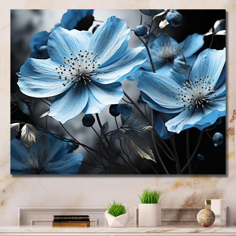 «Grey and Blue Botanical Symphony I», art abstrait sur toile botanique, H 24 po x l 32 po x P 1 po, Toile tendue