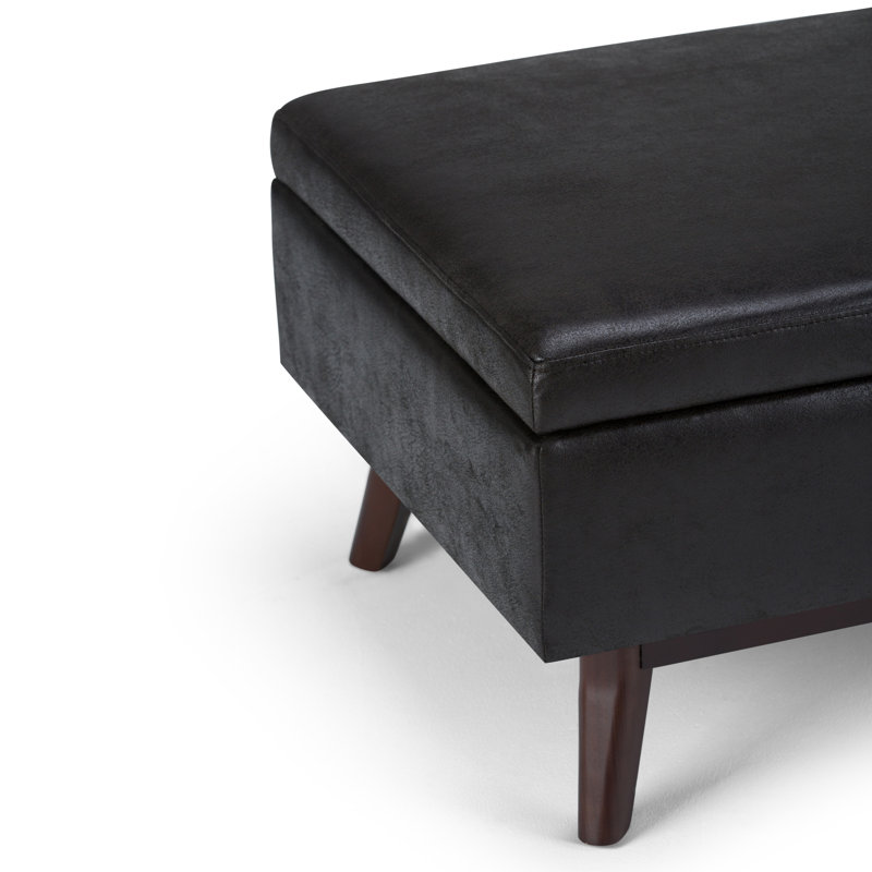 Mid-Century Modern Distressed Black Wood Rectangular Storage Ottoman