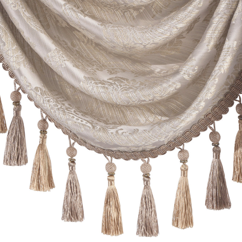 Élégante cantonnière à feston avec pompons, cantonnière en jacquard beige, habillage de fenêtre 1 panneau, L 79 po x L 45 po