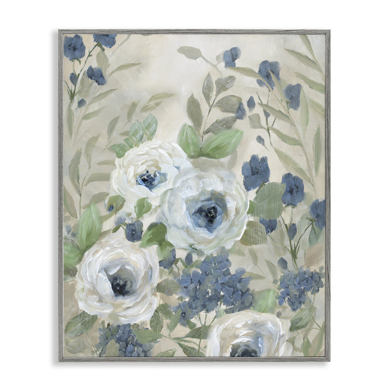 «Mute Blue & White Blossoms», art de la giclée encadrée, design par Nan, Estampe numérique Farmhouse, H 14 po x l 11 po