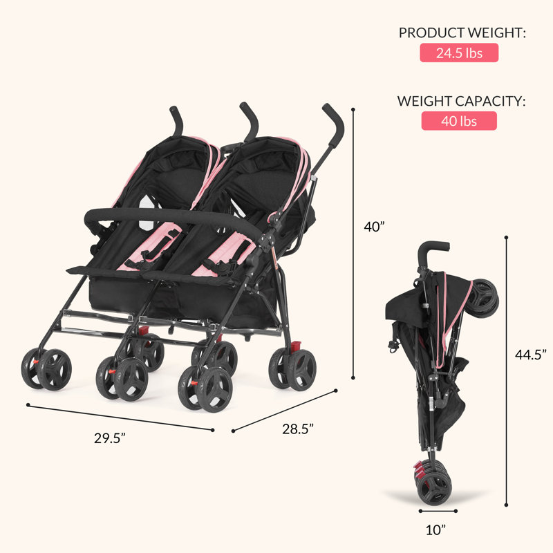 Dream On Me Volgo Twin Umbrella Stroller, Pink/Black
