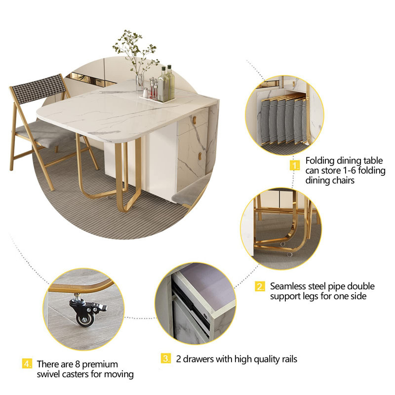 Folding Dining Table With Storage Rack And 2 Drawers