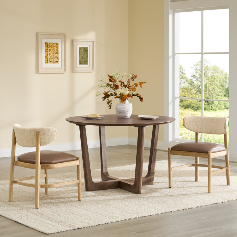 Organic Modern Solid Wood Dining Chair with Woven Paper Cord Back, Saddle Brown Faux Leather