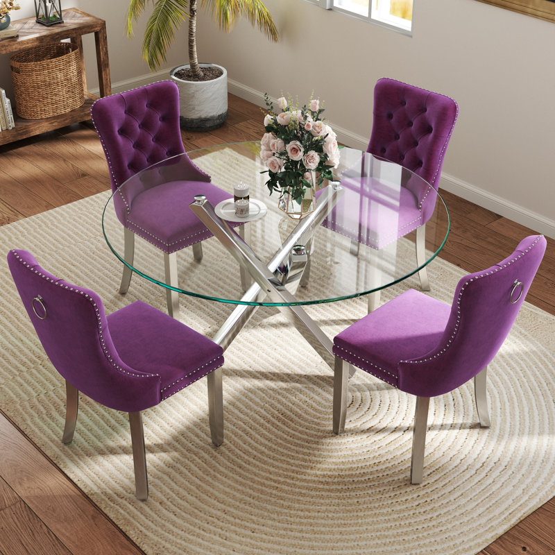 Ensemble de table de salle à manger 5 pièces, H 29,5 po x L 47 po x l 47 po, Argent, Mauve / argenté