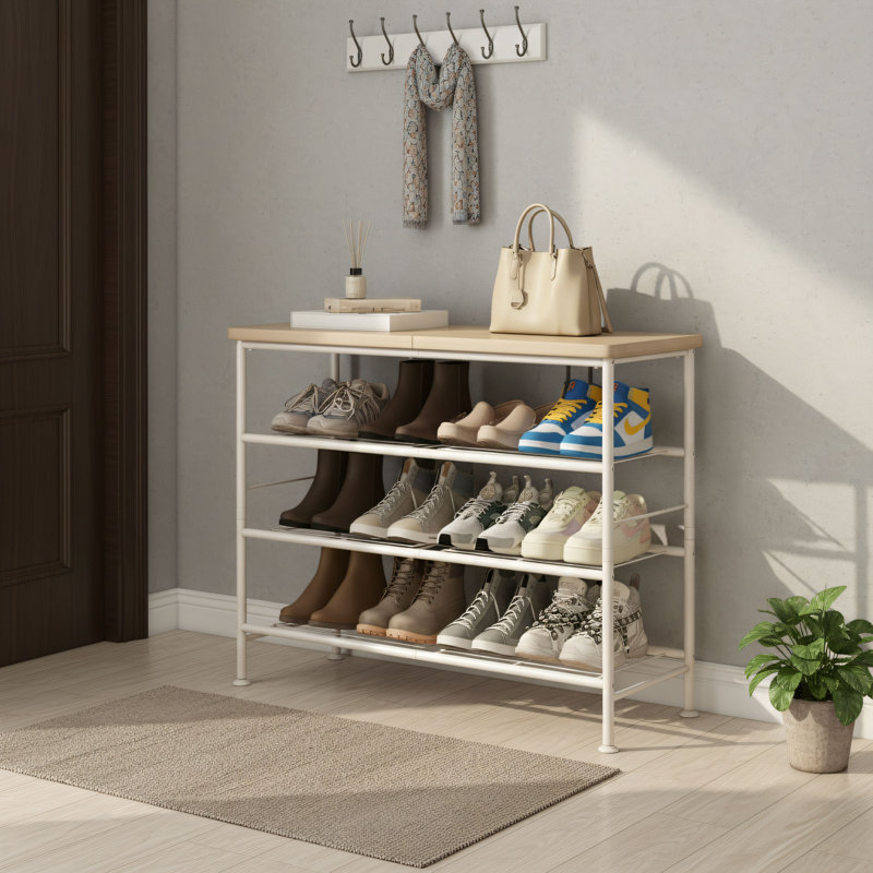 White Oak Four-Tier Metal Shoe Rack, Freestanding Design With MDF Top Panel, Wardrobe Entryway Storage Rack.