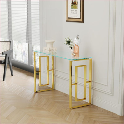 Table basse Golden en verre transparent avec pieds en acier inoxydable, facile à nettoyer et à assembler rapidement pour le salon