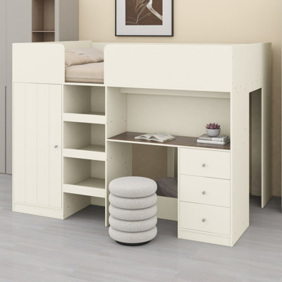 Lit mezzanine contemporain équipé d'une armoire, d'un bureau, d'étagères de rangement ouvertes et de tiroirs