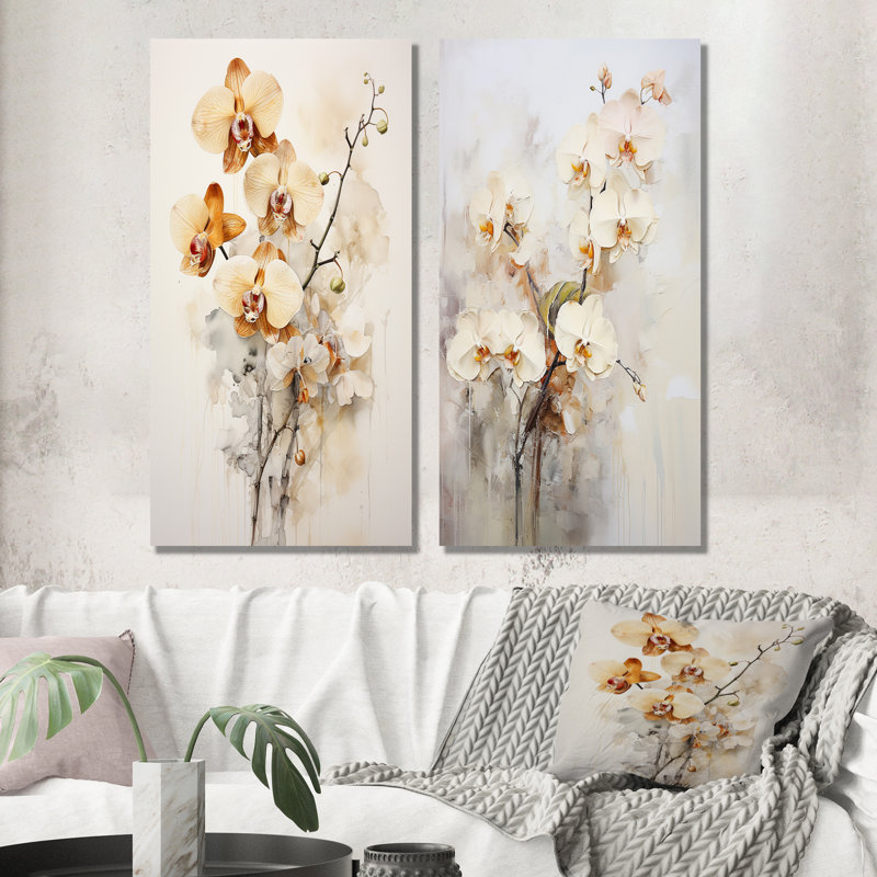Orchidée beige et or - ensemble de 2 décorations murales en métal orchidées, H 32 po x l 32 po