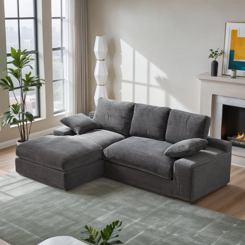 Canapé modulaire et canapé en L 2 pièces Cerinal, Velours côtelé gris