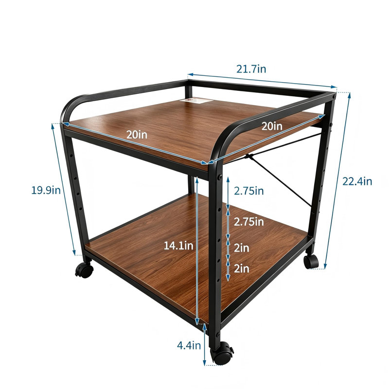 Spacieux support pour imprimante sous chariot de bureau réglable 1 tablette 20 pouces 2 couches brun
