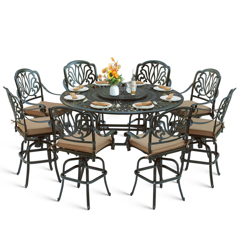  10-Piece Outdoor High Patio Dining Set, Free-Rust Cast Aluminum Patio Bar Table And Chairs Set, Includes 8 Swivel Bar Stools & 61" Bar Height Dining Table W/ 24" Lazy Susan, Umbrella Hole