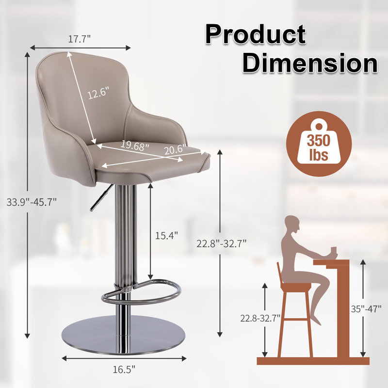 Adjustable Height Swivel Bar Stool with Stainless Steel Frame, Silicone Leather Seat Cushion, and Mid Back Design, Beige