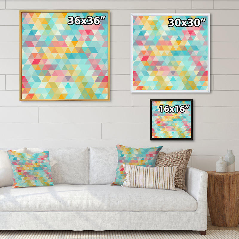 Abstrait de triangles - décoration murale moderne Mid-Century, H 30 po x l 30 po x P 1 po, Toile encadrée flottante dorée
